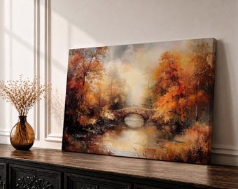 Autumn Bridge Wall Art, Fall Landscape Painting, River Forest Canvas, Impressionist Nature Decor