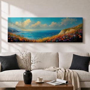Tableau mural horizontal allongé représentant un paysage côtier avec vue sur l'océan et des fleurs sauvages. Décoration murale marine.