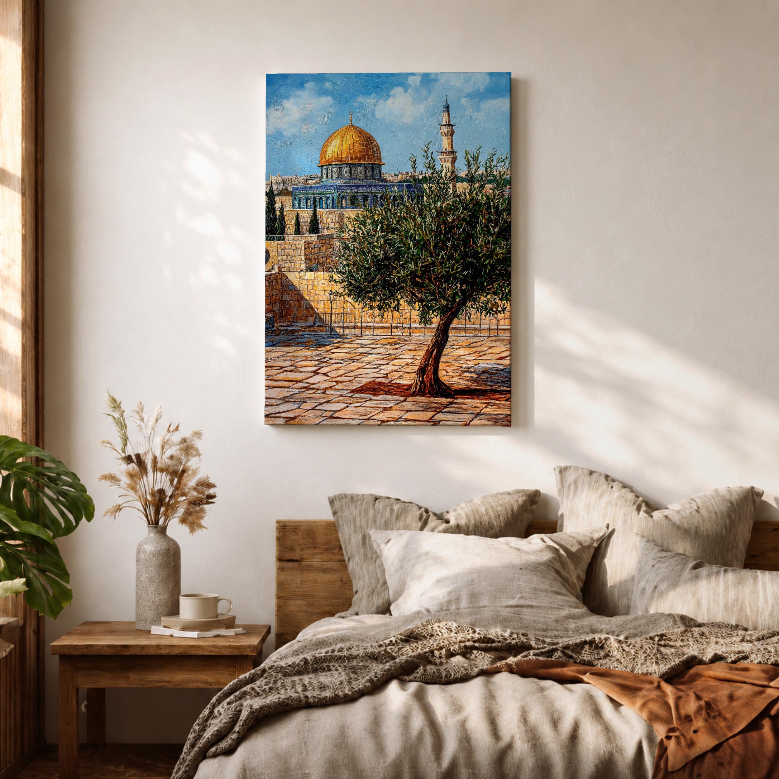 Masjid Al Aqsa Wall Art Olive Tree Framed Canvas Palestine Golden