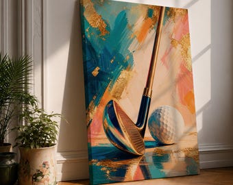 Golf Club Wall Art Clubhouse Framed Canvas Gold Leaf Abstract Sports Decor