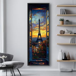 Tall Vertical Paris Wall Art | Eiffel Tower Window View Print | Long and Narrow Cityscape Artwork | Wide Wall Art Download