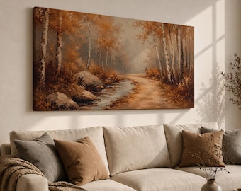 Panoramic Autumn Forest Canvas, Rustic Woodland Wall Art, Birch Tree Landscape Decor