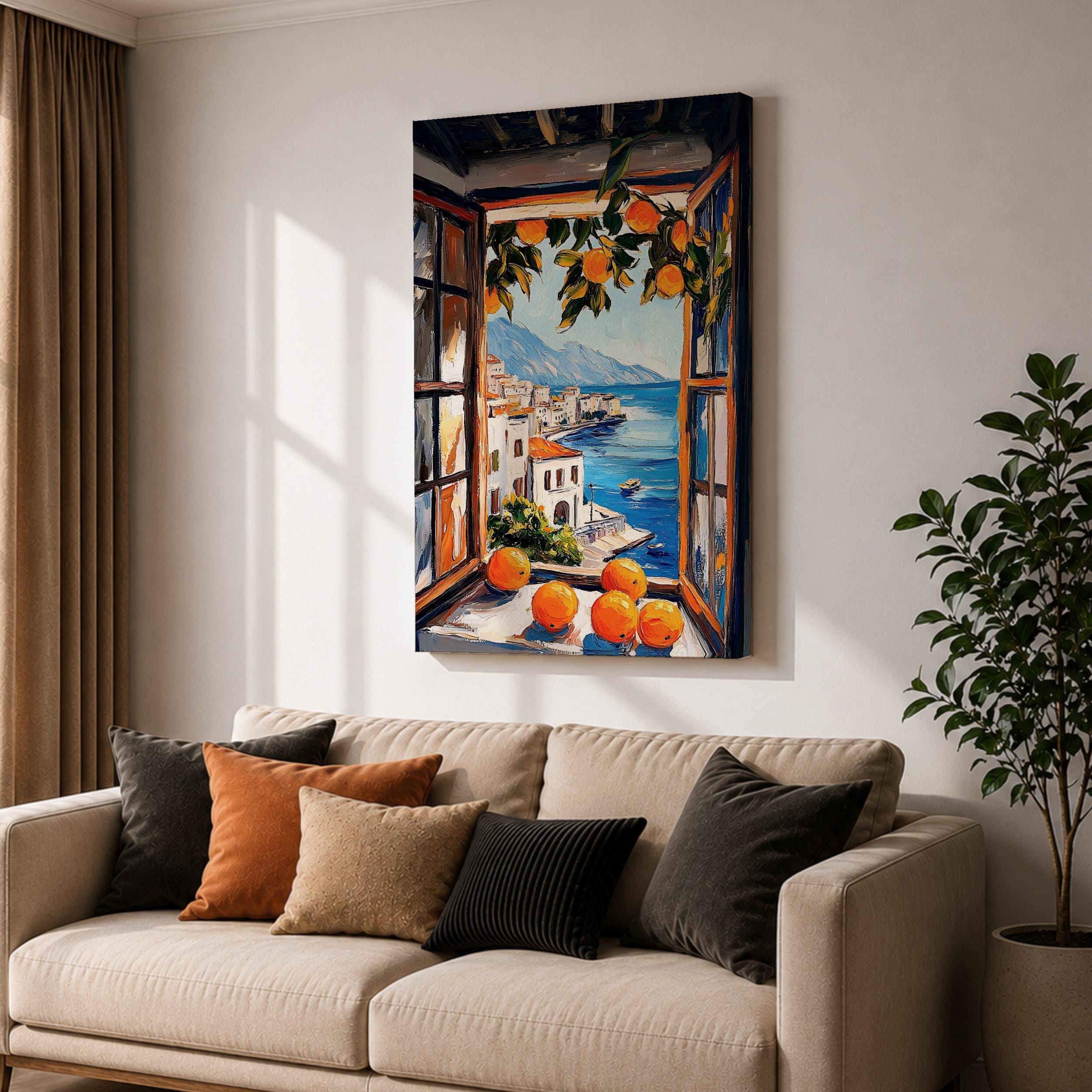 Mediterranean Orange Window Wall Art Coastal Sea View Framed