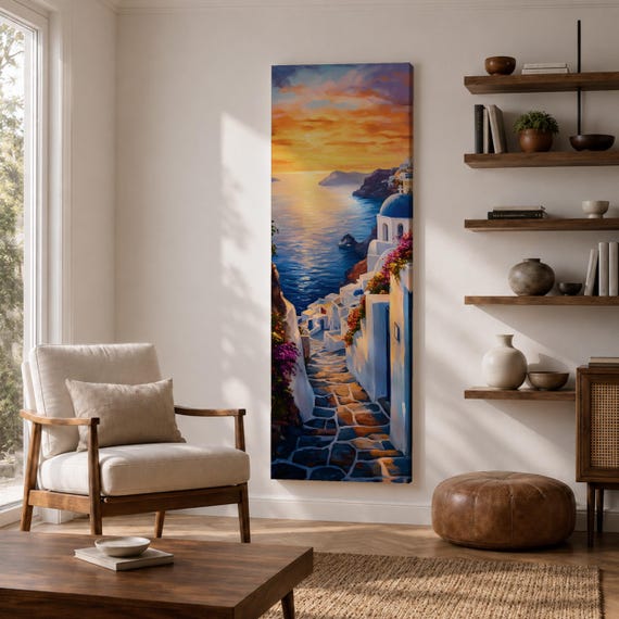 Santorini Tall Narrow Wall Art Oia Village Long Vertical Framed