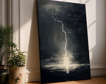 Muurkunst bliksem blikseminslag ingelijst canvas stormachtige oceaan dramatisch zeegezicht donker woonkamerdecor