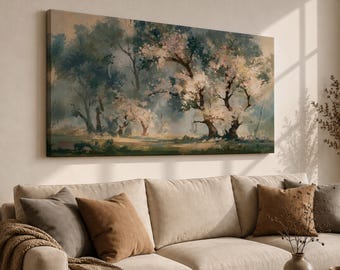 Cherry Blossom Landscape Canvas, Panoramic Nature Wall Art, Neutral Spring Tree Decor