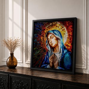 Virgin Mary Mosaic Wall Art, Catholic Mary Canvas, Byzantine Christian Art, Stained Glass Madonna, Religious Wall Decor, Prayer Room Art