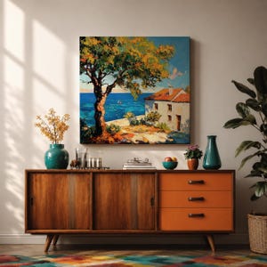 Mediterranean Seaside Wall Art Italian Coastal View Framed Canvas Ocean Landscape Living Room Decor