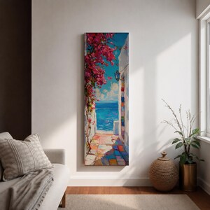 Santorini Long Narrow Vertical Wall Art Greek Island Village Gift Living Room Home Decor