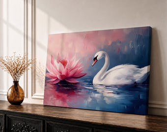 Wandbild mit Schwan, Lotusblume, gerahmte Leinwand, botanisches Teichmotiv, florale Boho-Wohndekoration