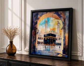 Kaaba Wall Art Masjid al Haram Framed Canvas Mecca Watercolor Islamic Home Decor