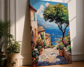 Mediterranean Coastal Village Canvas Print, Italian Riviera Painting, Impressionist Seaside Landscape Wall Art