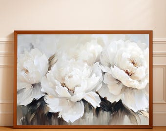 Weiße Pfingstrosen Wandkunst, elegantes Blumen Kunstwerk, romantische Blumendekor, horizontaler digitaler Download