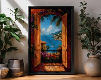 Mediterranean Window Wall Art Ocean View Framed Canvas Coastal Balcony Italian Seaside Decor