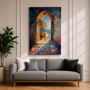 This impasto style painting depicts a Moroccan archway opening to a vibrant ocean view with bright sunlight illuminating textured stone walls and colorful mosaic floor tiles, capturing the essence of Moorish architectural design and coastal cultural scenery.