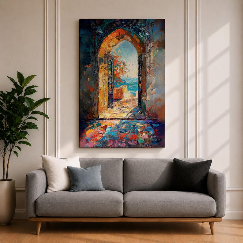 This impasto style painting depicts a Moroccan archway opening to a vibrant ocean view with bright sunlight illuminating textured stone walls and colorful mosaic floor tiles, capturing the essence of Moorish architectural design and coastal cultural scenery.