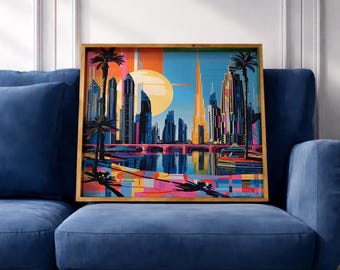 Dubai Skyline Wall Art Burj Khalifa Cityscape Framed Canvas UAE Retro Travel Home Decor