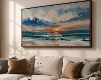 Ocean Sunset Canvas Print, Panoramic Extra Wide Coastal Landscape, Impressionist Beach Seascape Painting