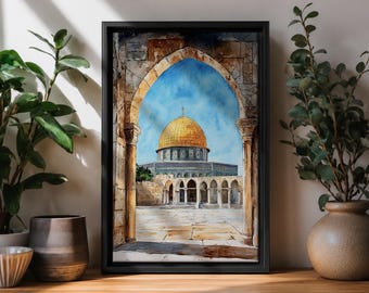 Dome of the Rock Canvas Print, Jerusalem Watercolor Wall Art, Middle Eastern Architecture Decor