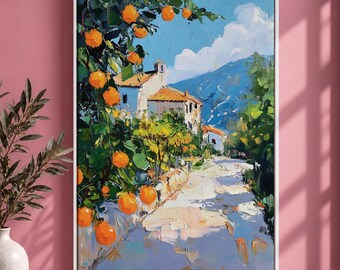 Mediterranean Orange Grove Canvas Wall Art, Italian Countryside Landscape Painting, Rustic Tuscan Home Decor