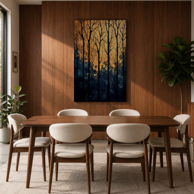 A framed vintage-style artwork depicting tall, bare trees in a forest with a textured golden background. The composition highlights the silhouette of woodland trees against a warm, aged backdrop, blending natural landscape elements with a nostalgic vintage aesthetic.
