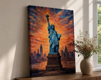 Statue of Liberty Wall Art New York City Skyline Framed Canvas NYC Sunset Decor