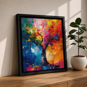 Colorful Tree Wall Art Arbor Vitae Framed Canvas Palette Knife Impasto Landscape Housewarming Decor