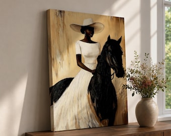 Black Woman Wall Art, Elegant Equestrian Canvas Print, Modern Western Living Room Decor