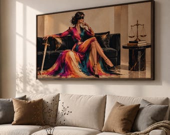 Panoramic Lady Justice Canvas Print, Modern Feminine Legal Painting, Luxury Law Office Decor