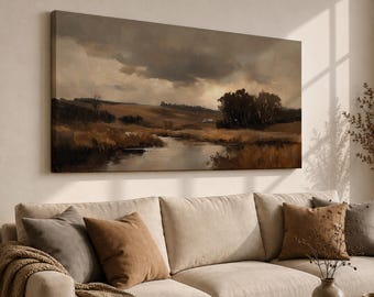 Countryside River Wall Art, Panoramic Rustic Landscape Canvas Print, Pastoral Nature Painting, Farmhouse Decor