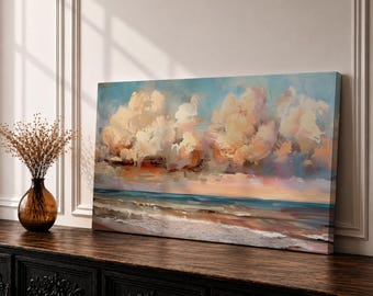 Ocean Sunset Panoramic Wall Art Dramatic Cloud Seascape Extra Wide Framed Canvas Coastal Decor