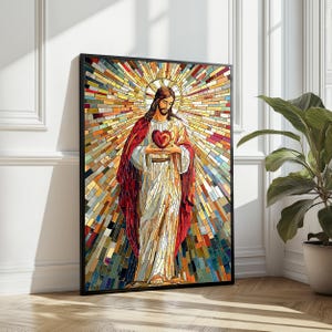 Arte de parede do Sagrado Coração de Jesus, download digital católico, mosaico cristão para impressão, arte religiosa para casa, decoração instantânea de fé