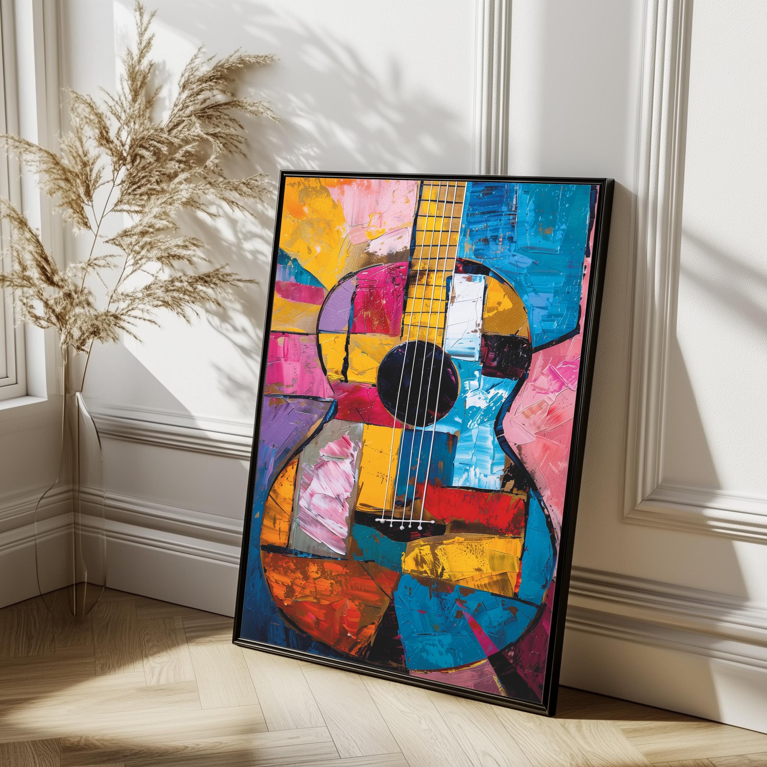 Abstract Guitar Print, Colorful Music Art, Cubist Painting
