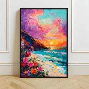 Beach Sunset Oil Painting Print: Vibrant Coastal Seascape Tropical Wall Decor (Digital Download)