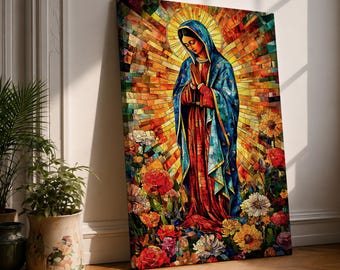 Our Lady of Guadalupe Wall Art La Guadalupana Framed Canvas Mexican Catholic Mosaic Decor