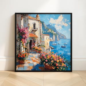 Amalfi Coast Art Print, Italian Seaside Wall Decor, Square Mediterranean Landscape Painting