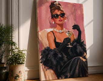 Martini Canvas Print, Old Hollywood Glamour, Black Dress Portrait, Pink Cocktail Bar Wall Art