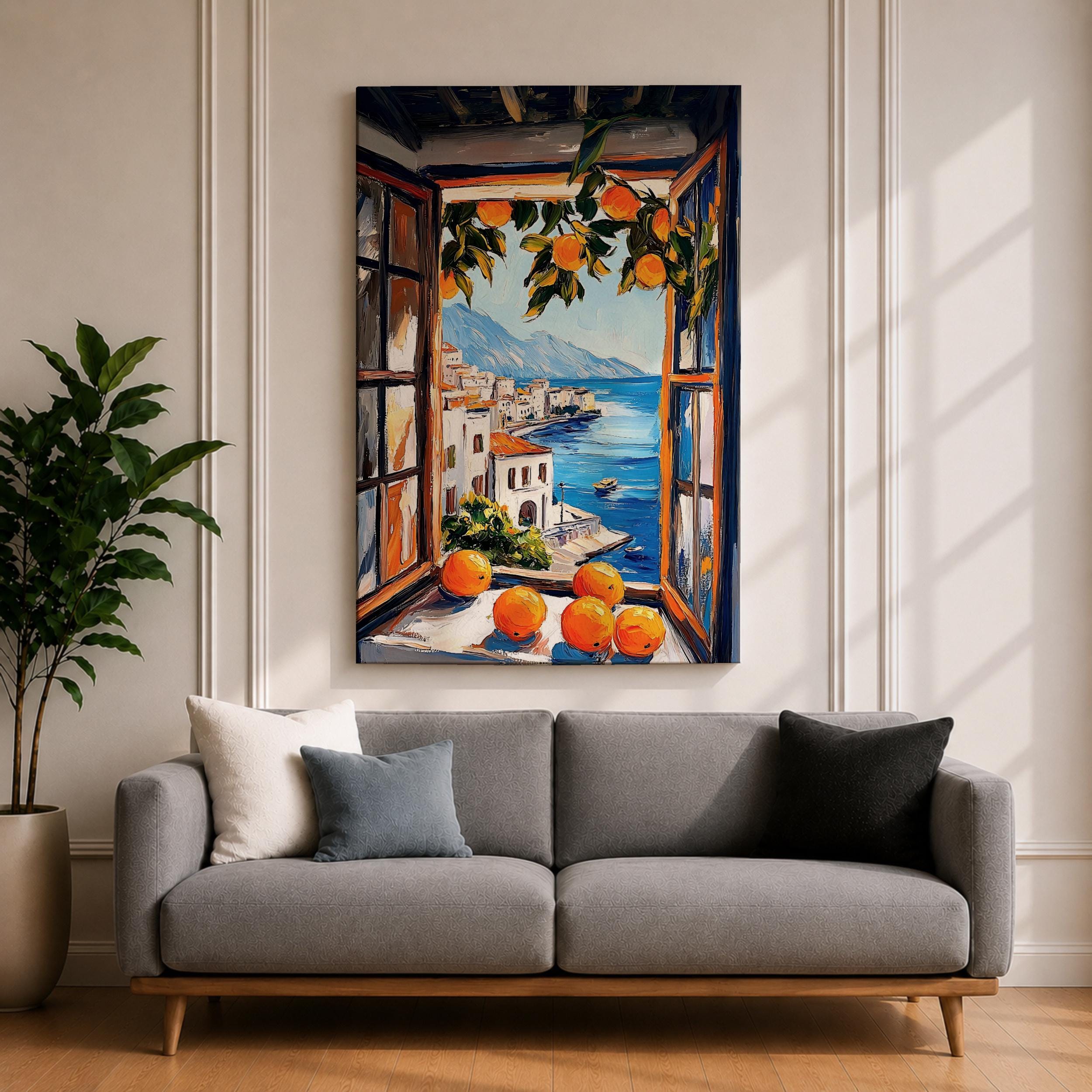 Mediterranean Orange Window Wall Art Coastal Sea View Framed