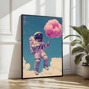 Impresión de arte digital de algodón de azúcar con astronauta, arte de pared espacial surrealista, obra de arte imprimible caprichosa, decoración moderna para el hogar