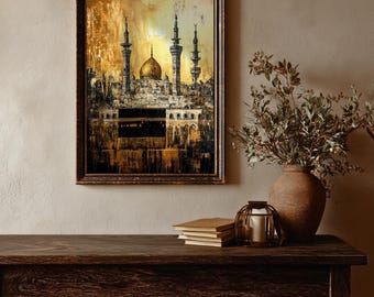 Kaaba Wall Art Masjid al-Haram Mecca Skyline Framed Canvas Vintage Gold Islamic Decor