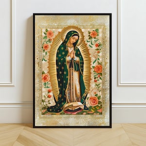 Our Lady of Guadalupe Art, Virgin Mary Print, Catholic Wall Decor, Marian Apparition Painting, Religious Home Artwork, Christian Gift