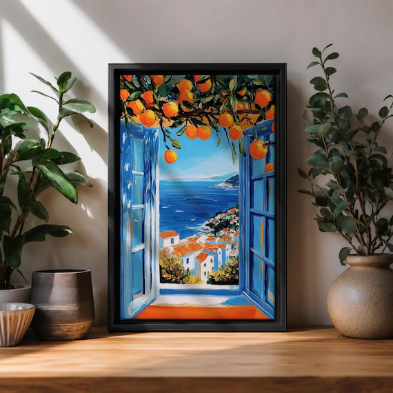 Mediterranean Orange Tree Window Wall Art Coastal Seaside Framed