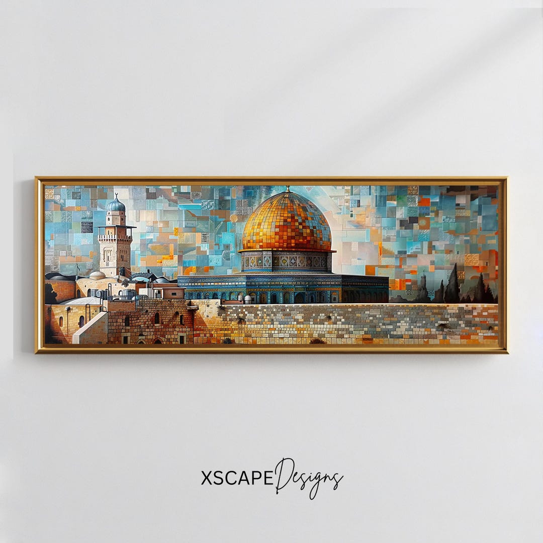 Dome of the Rock Art Mosaic Stone Panel Large Size Gold Frame
