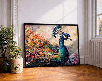 Peacock Wall Art Tropical Bird Framed Canvas Royal Feathers Jungle Wildlife Living Room Decor