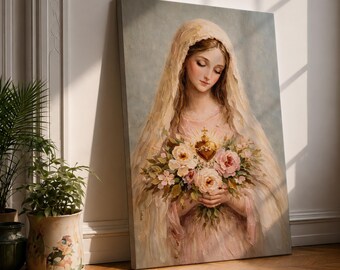 Sacred Heart of Mary Wall Art Blessed Mother Floral Framed Canvas Catholic Religious Decor