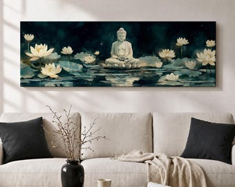 Buddha Canvas Print, Lotus Flower Painting, Zen Meditation Wall Art, Long Horizontal Home Decor