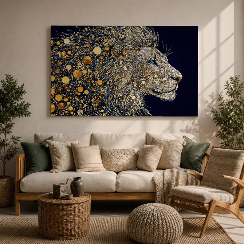 Lion Wall Art Big Cat Framed Canvas Wildlife Mosaic Majestic Safari Bedroom Decor