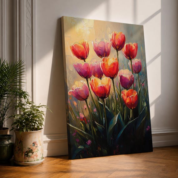 Tulip Wall Art, Luminous Floral Impressionist Canvas Print, Vibrant Botanical Artwork, Housewarming Gift