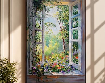 Open Window Wall Art, Garden View Canvas Print, Cottagecore Wall Decor, Floral Landscape Artwork