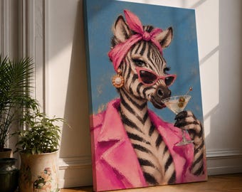 Zebra Martini Canvas Print, Pink Fashion Animal Painting, Impasto Style, Glam Cocktail Bar Decor